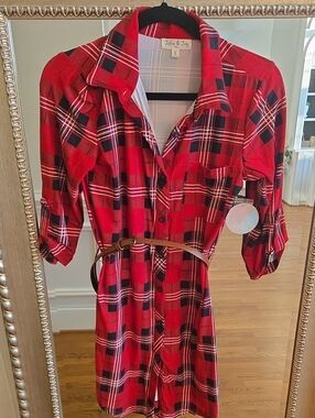 Jolie & Joy Red Plaid Shirt Dress with Belt